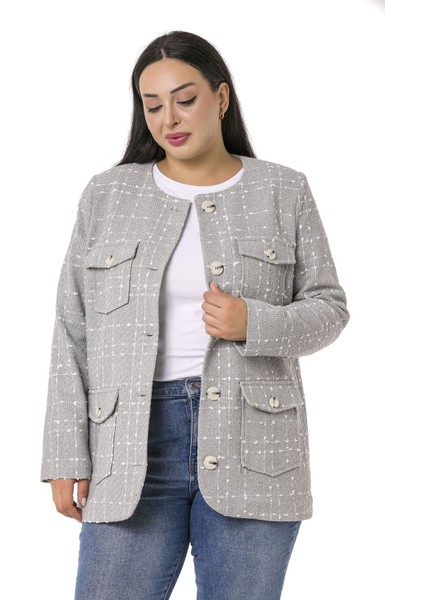 Büyük Beden Düğme ve Cep Detaylı Eteği Oval Kesim Astarlı Tüvit Gri Ceket fırsatları