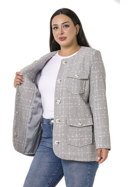 Büyük Beden Düğme ve Cep Detaylı Eteği Oval Kesim Astarlı Tüvit Gri Ceket indirimleri