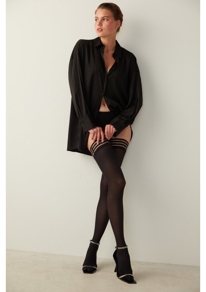 Siyah Striped Hold Ups Jartiyer Çorabı
