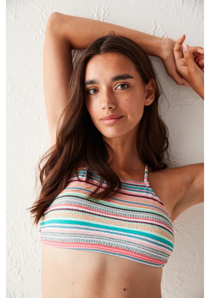 Çok Renkli Çizgili Escape Halter Bikini Üstü