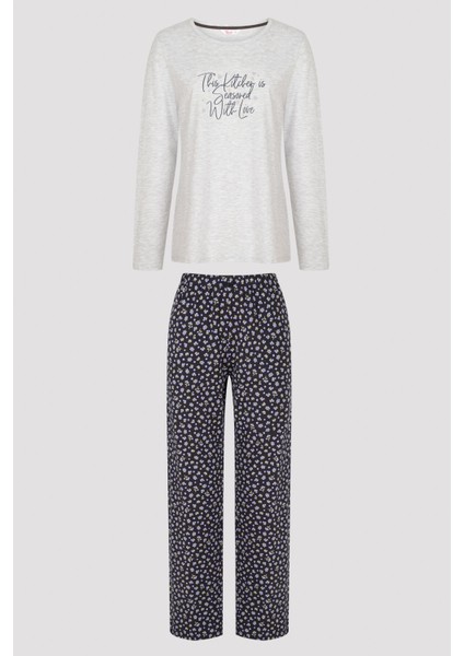 Gri-Siyah With Love Baskılı Pijama Takımı
