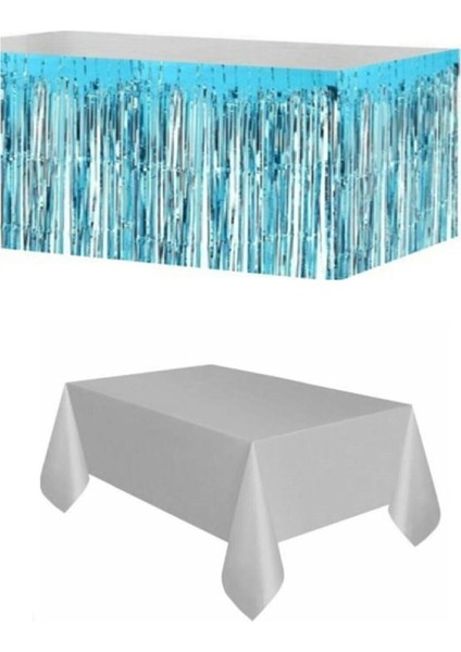 Mavi Metalize Masa Etegi + Plastik Gümüş Masa Örtüsü