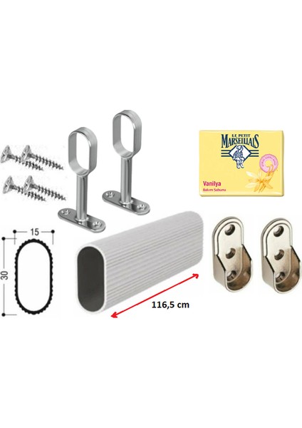 Dolap Içi Askılık Borusu Alüminyum Oval 116,5 Cm + 2 Adet Oval Ayaklı Flanş + 2 Adet Oval Sabit Flanş + Montaj Vidaları Set