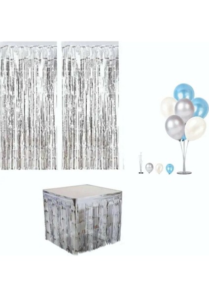 Püsküllü Metalize Gümüş Masa Eteği Duvar Kapı Perdesi Balon Standı