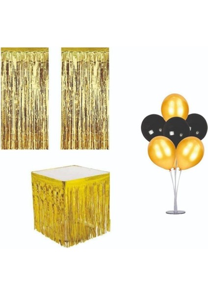 Püsküllü Metalize Gold Masa Eteği+Duvar Kapı Perdesi+Balon Standı