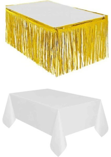 Gold Metalize Masa Etegi + Plastik Beyaz Masa Örtüsü