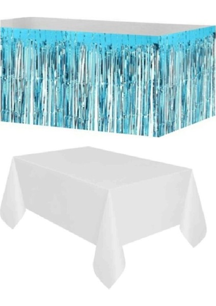 Mavi Metalize Masa Etegi + Plastik Beyaz Masa Örtüsü