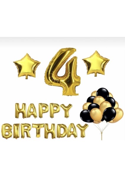 Gold 4 Yaş Happy Bırthday Folyo Balonlu Yıldızlı Set