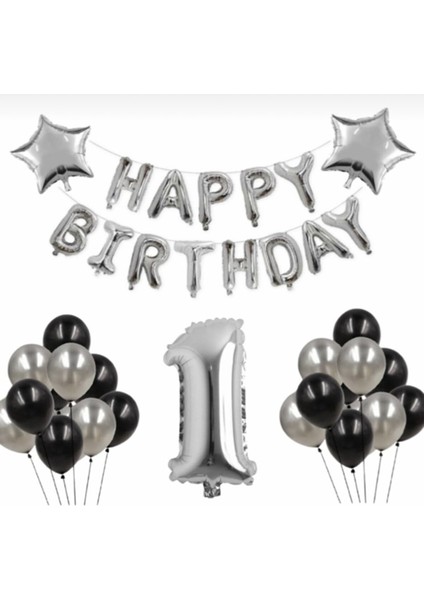 Gümüş 1 Yaş Happy Bırthday Folyo Balonlu Yıldızlı Set