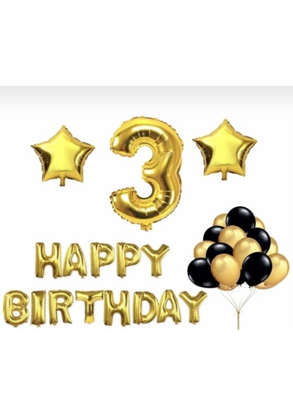 Gold 3 Yaş Happy Bırthday Folyo Balonlu Yıldızlı Set