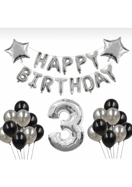 Gümüş 3 Yaş Happy Bırthday Folyo Balonlu Yıldızlı Set