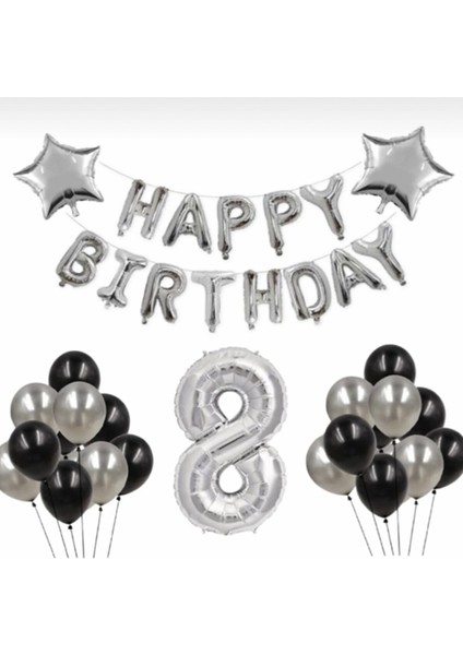 Gümüş 8 Yaş Happy Bırthday Folyo Balonlu Yıldızlı Set