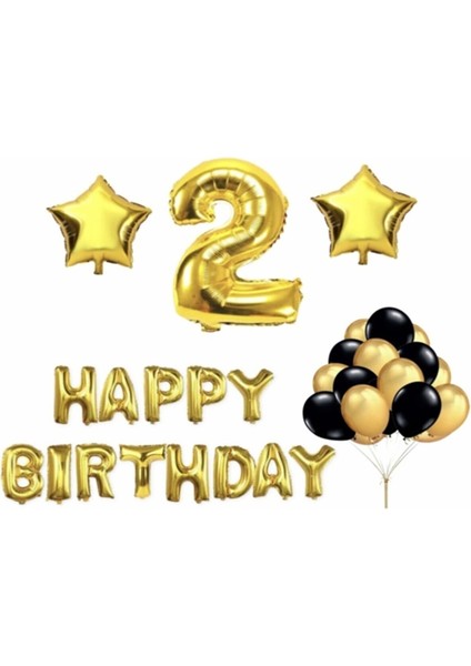 Gold 2 Yaş Happy Bırthday Folyo Balonlu Yıldızlı Set