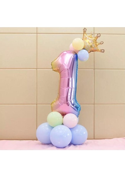 1 Yaş Gökkuşağı Rakam ve Kral Tacı Folyo Balon Doğum Günü