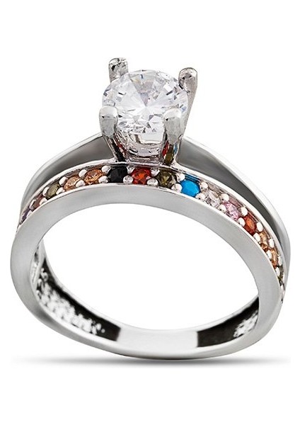 Multicolor Zirkon Taşlı Tek Sıra Tasarım 925 Ayar Gümüş Kadın Tektaş Yüzük indirimleri