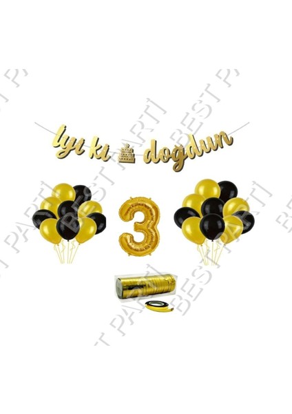 Rafya Ipli 3 Yaş Gold Folyo Balon Iyiki Doğdun Yazılı Banner Balon Set Doğum Günü