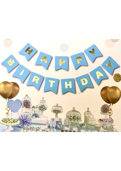 Mavi Üstüne Gold Altın Sarısı Yaldızlı Happy Birthday Yazılı Doğum Günü Partisi Karton Yazı Banner