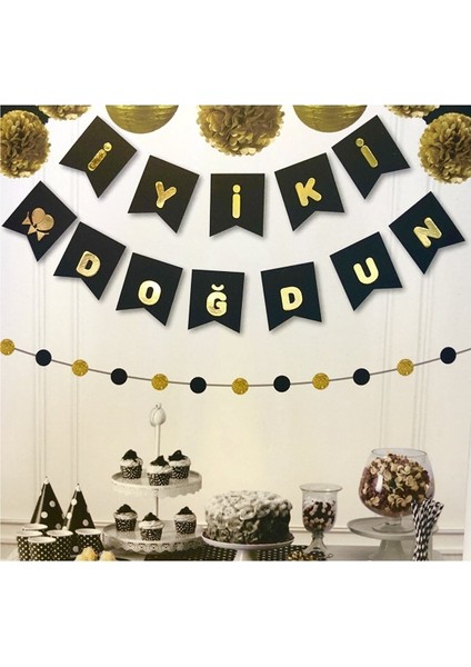 Siyah Üstüne Gold Altın Sarısı Yaldızlı Iyiki Doğdun Yazılı Doğum Günü Partisi Karton Yazı Banner
