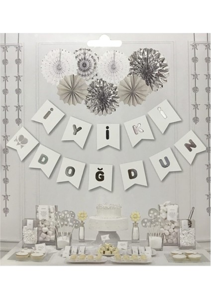 Beyaz Gümüş Yaldızlı Iyi Ki Doğdun Banner