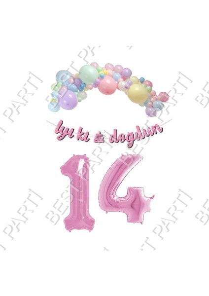 Iyiki Doğdun Yazılı Kaligrafi Banner Makaron Balon Seti 14 Yaş Pembe Set Doğum Günü