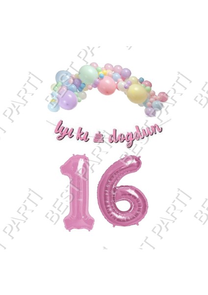 Iyiki Doğdun Yazılı Kaligrafi Banner Makaron Balon Seti 16 Yaş Pembe Set Doğum Günü
