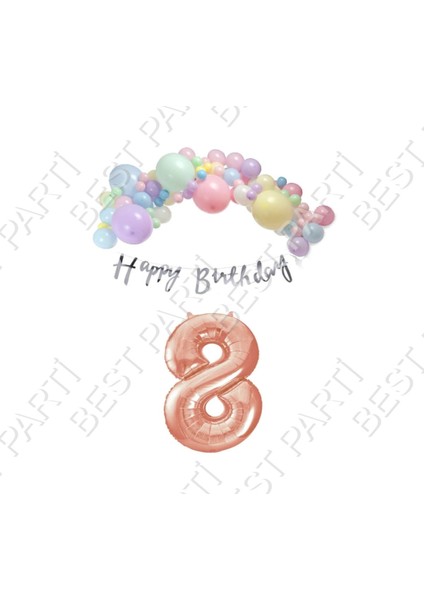 Happy Bırthday Gümüş Yazılı Kaligrafi Banner Makaron Balon Seti 8 Yaş Rose Gold Set Doğum Günü