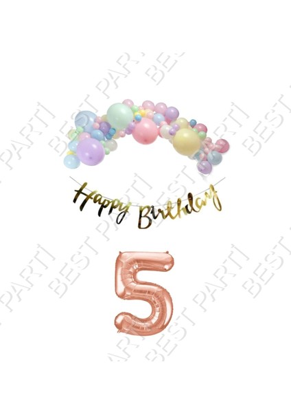 Happy Bırthday Gold Yazılı Kaligrafi Banner Makaron Balon Seti 5 Yaş Rose Gold Set Doğum Günü