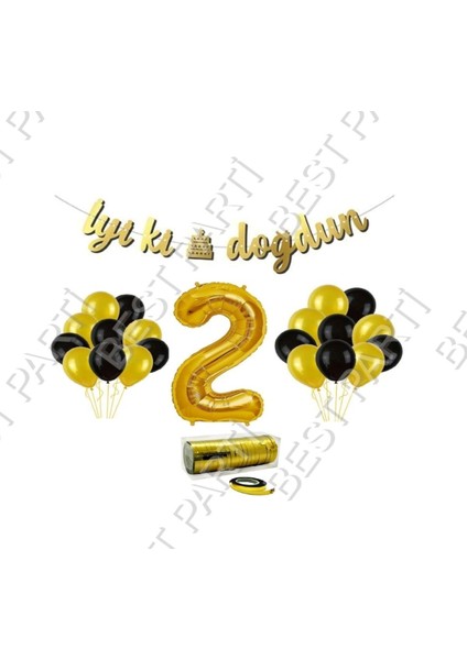 Rafya Ipli 2 Yaş Gold Folyo Balon Iyiki Doğdun Yazılı Banner Balon Set Doğum Günü