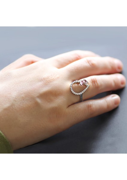 Zirkon Taşlı Pembe Mineli Damla Model Kelebek Tasarım 925 Ayar Gümüş Bayan Yüzük