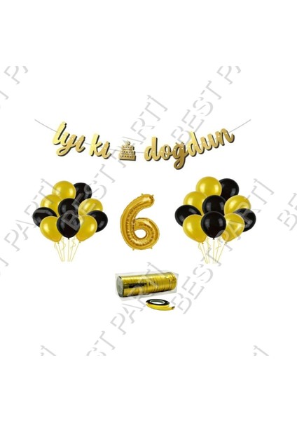 Rafya Ipli 6 Yaş Gold Folyo Balon Iyiki Doğdun Yazılı Banner Balon Set Doğum Günü