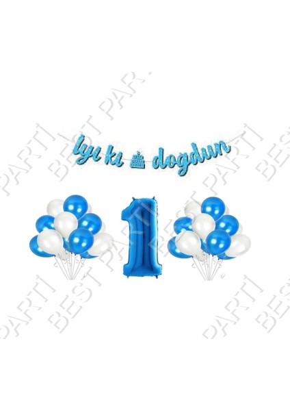 Iyiki Doğdun Yazılı Banner 1 Yaş Mavi Balon Seti Doğum Günü