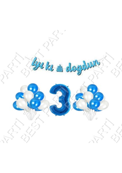 Iyiki Doğdun Yazılı Banner 3 Yaş Mavi Balon Seti Doğum Günü
