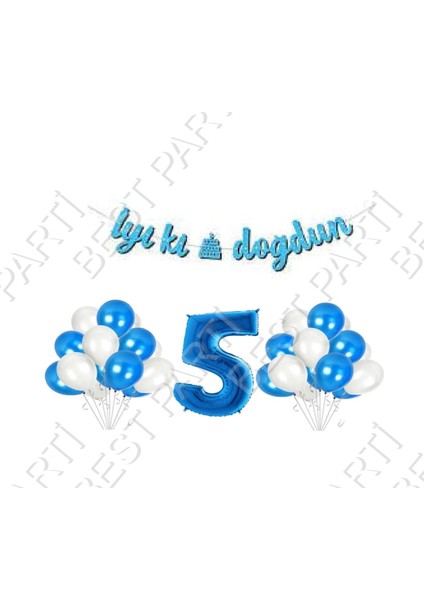 Iyiki Doğdun Yazılı Banner 5 Yaş Mavi Balon Seti Doğum Günü