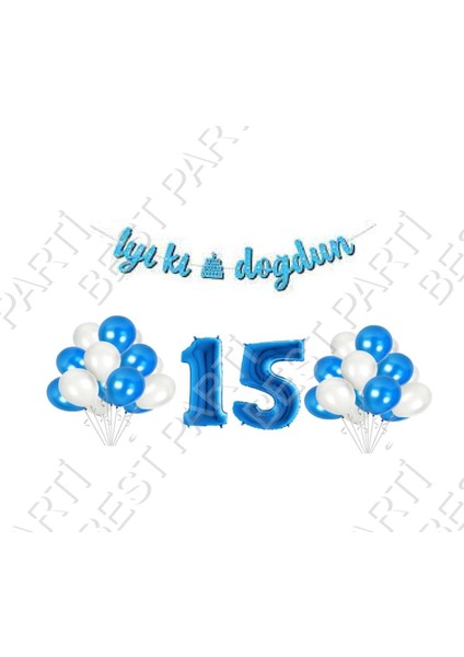 Iyiki Doğdun Yazılı Banner 15 Yaş Mavi Balon Seti Doğum Günü