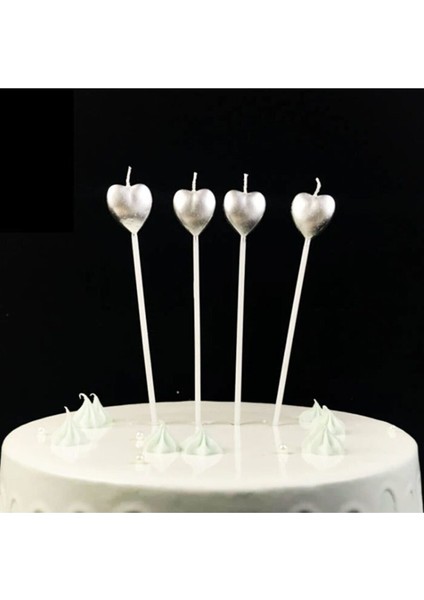 Çubuklu Gümüş Kalp Mum 4'lü