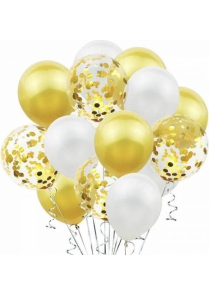 Metalik Gold Pastel Beyaz Gold Konfetili Şeffaf Balon Seti 15 Adet