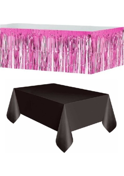 Pembe Metalize Masa Etegi + Plastik Siyah Masa Örtüsü