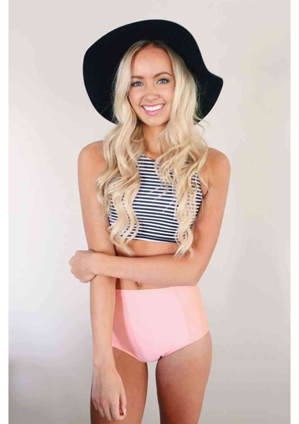 Altı Pembe Üstü Cizgili Yüksek Bel Tankini Bikini Takım