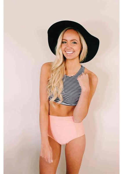 Altı Pembe Üstü Cizgili Yüksek Bel Tankini Bikini Takım fiyatları