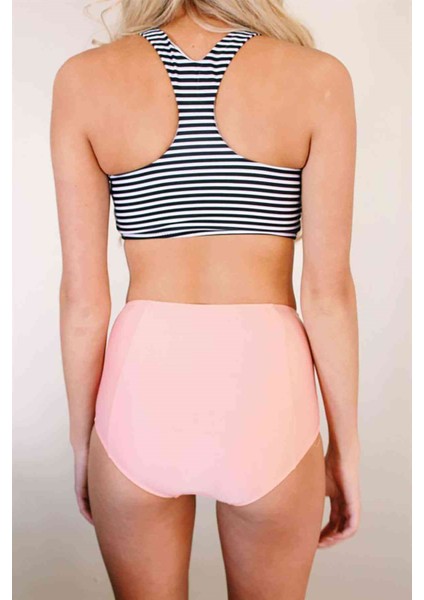 Altı Pembe Üstü Cizgili Yüksek Bel Tankini Bikini Takım modelleri