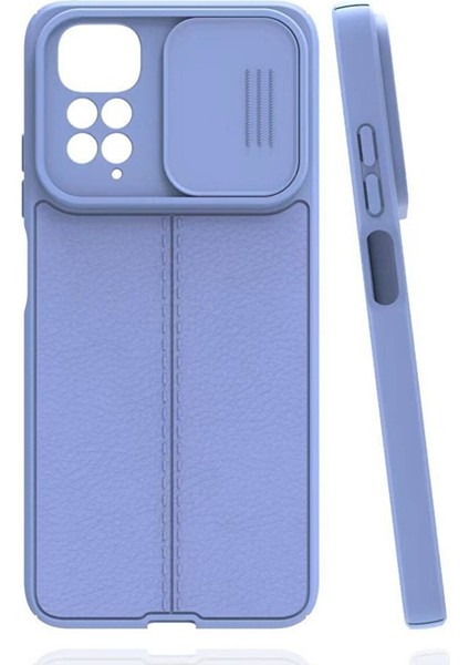 Xiaomi Redmi Note 11 Kılıf Kamera Sürgülü Deri Dokulu Mat Silikon+Nano Mor