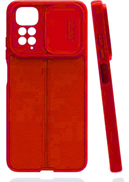 Casestreet Xiaomi Redmi Note 11 Kılıf Kamera Sürgülü Deri Dokulu Mat Silikon+Nano Kırmızı