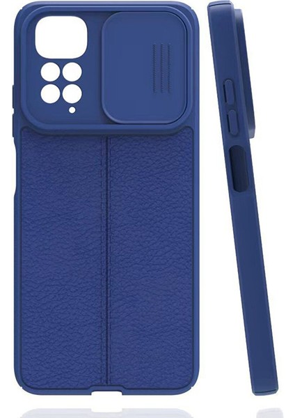 Casestreet Xiaomi Redmi Note 11 Kılıf Kamera Sürgülü Deri Dokulu Mat Silikon+Nano Lacivert