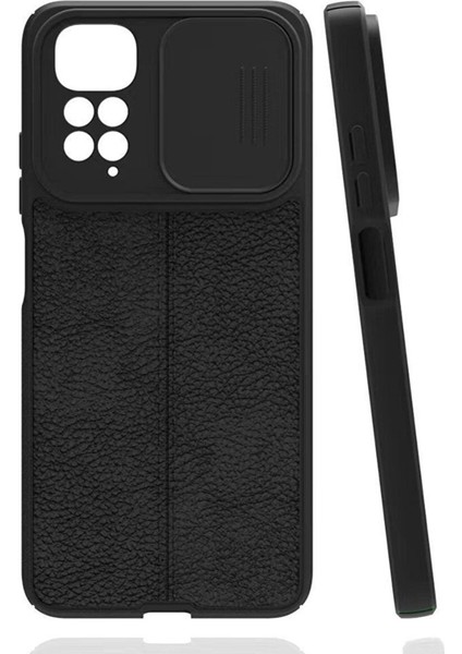 Casestreet Xiaomi Redmi Note 11 Kılıf Kamera Sürgülü Deri Dokulu Mat Silikon Siyah