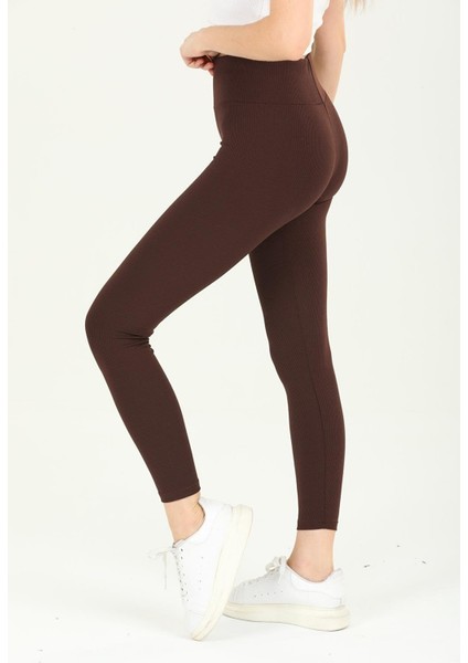 Yüksek Bel, Fitilli, Kahverengi Toparlayıcı Interlok Beli Lastikli Örme Tayt 03001