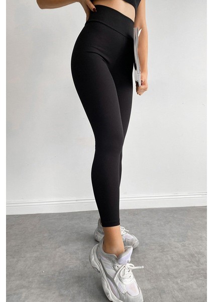 Yüksek Bel, Fitilli, Siyah Toparlayıcı Interlok Beli Lastikli Örme Tayt 03001