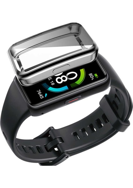 Huawei Band 7 ile Uyumlu Tpu Çerçeveli Tam Kapatan Ekran Koruyucu Çerçeve Kılıf Gri