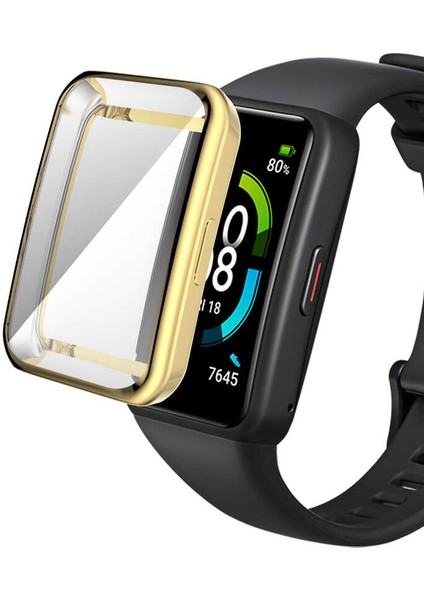 Huawei Band 7 ile Uyumlu Tpu Çerçeveli Tam Kapatan Ekran Koruyucu Çerçeve Kılıf Gold
