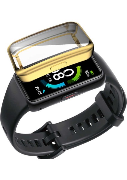 Huawei Band 7 ile Uyumlu Tpu Çerçeveli Tam Kapatan Ekran Koruyucu Çerçeve Kılıf Gold