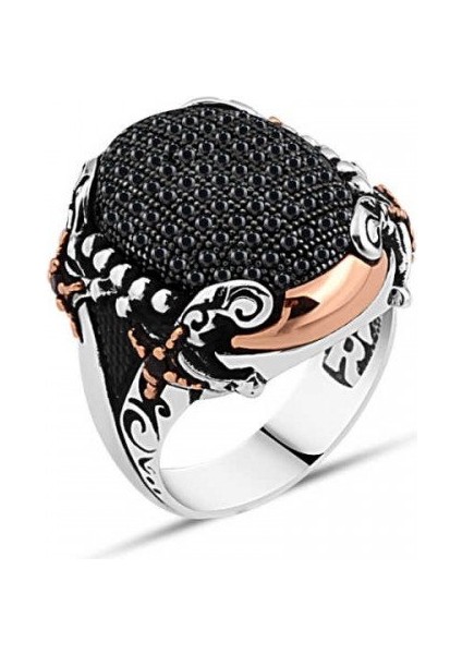 925 Ayar Gümüş Minik Siyah Zirkon Taşlı Yanları Kılıçlı Erkek Yüzük